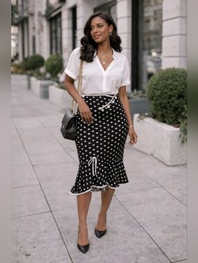 Polka Dot Midi Skirt Chic Casual High Waist